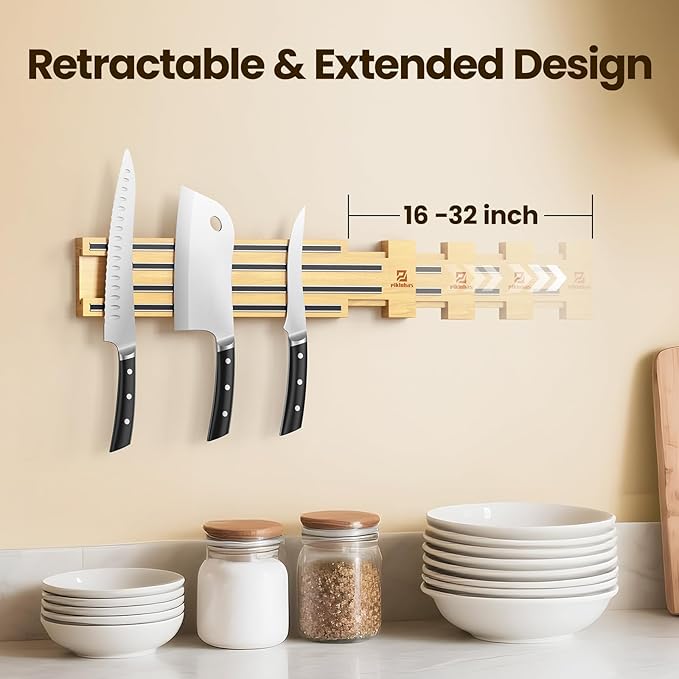 Extendable 32Inch Magnetic Knife Holder for Wall with Screw & Adhesive Mounting, Wood Magnetic Knife Strip from 16 to 32 Inch for Knife Bar, Knife Holder, Kitchen Utensil Organizer or Tool Room