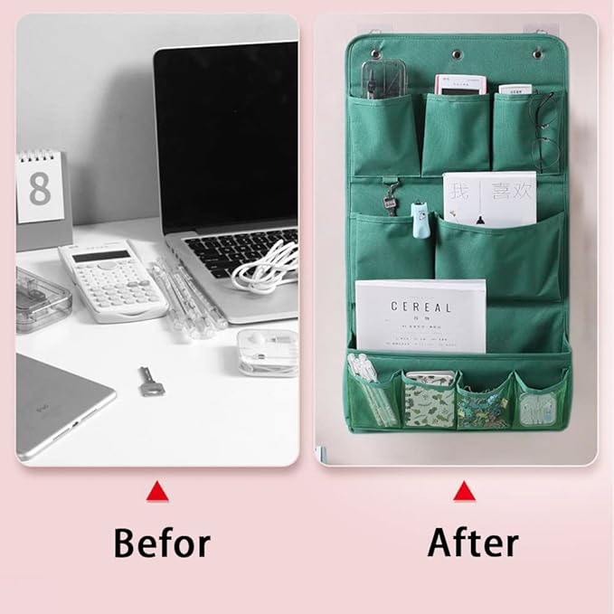 HSLFUAI Hanging Organizer with Pockets – Wall & Door Storage Bag with 3 Sticky Hooks – Hanging Storage Organizer for Bathroom, Bedroom, Closet, Dorm, Washing Table (3Layer, Green)