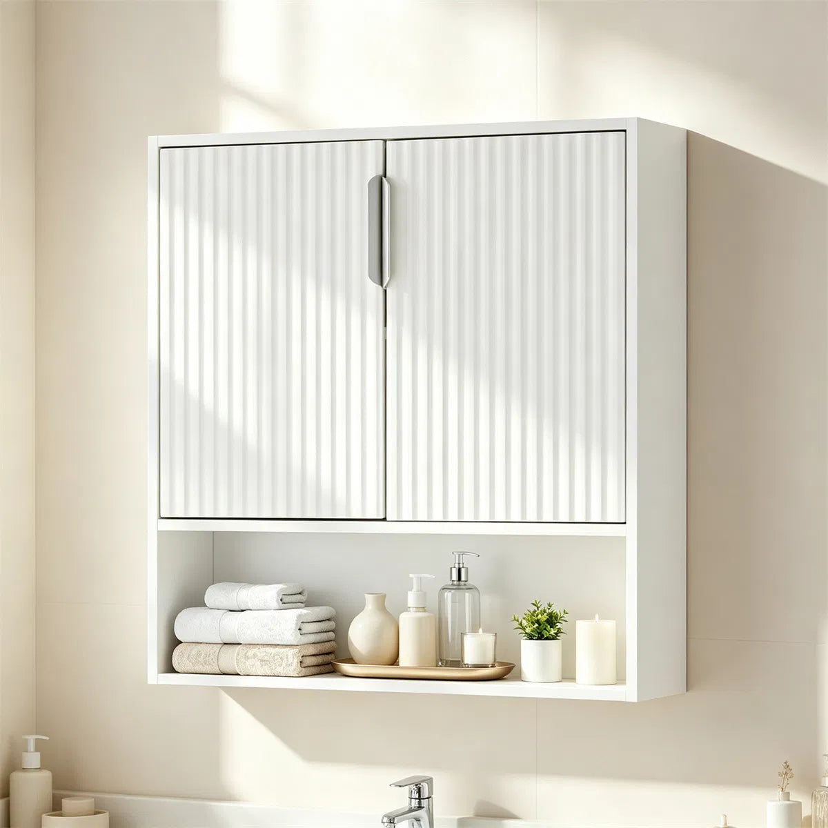 Wall Mounted Bathroom Cabinet, Modern Fluted Panel Storage Cabinet with Adjustable Shelf, 2-Door MDF Medicine Cabinet for Bathroom Kitchen Laundry Room Organization - Image 3