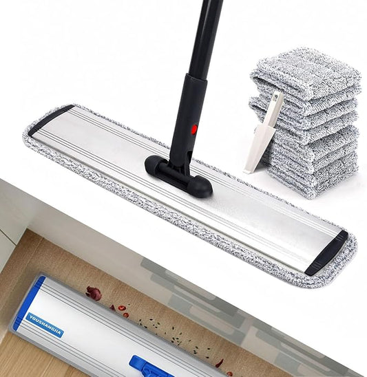 24in Flat Mop for Cleaning Floors, Heavy-Duty Microfiber Wet Mop with Easy Wringing & Deep Cleaning, Includes 4 Reusable Mop Cloths and Adjustable Long Handle