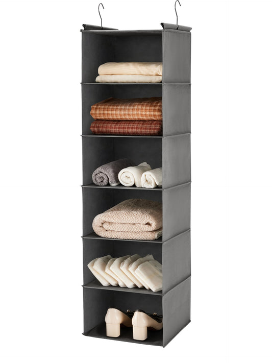 6 Tier Hanging Closet Organizer with 2 Sturdy Hooks, Grey - Image 1