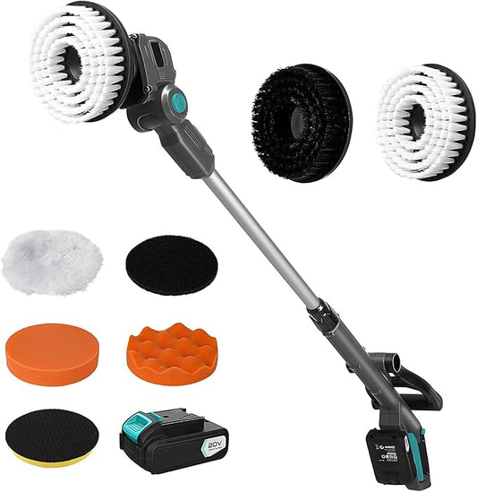 20V Cordless Spin Scrubber with Replaceable Battery, Electric Cleaning Brush with Long Handle & 8 Brush Heads for Outdoor, Bathroom, Tile, Grout, Shower, Bathtub