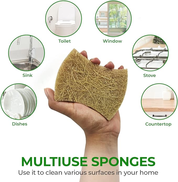 Natural Kitchen Sponges (12 Pack) - Biodegradable Cellulose & Coconut Scrubber Dish Sponge for Kitchen - Eco-Friendly, Non Scratch, Compostable, Non Toxic Natural Sponges for Dishes