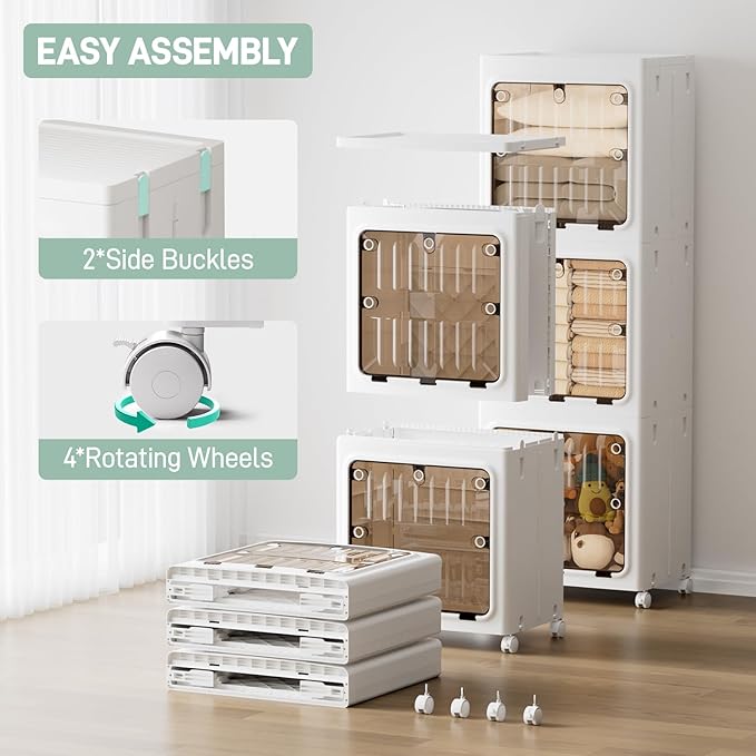 JEKO&JEKO 315 Qt Expanded Bathroom Storage Cabinet, 3-Tier Tall Cabinet Organizer with Wheels, Foldable Plastic Storage Bin for Kitchen, Laundry Room or Home, White
