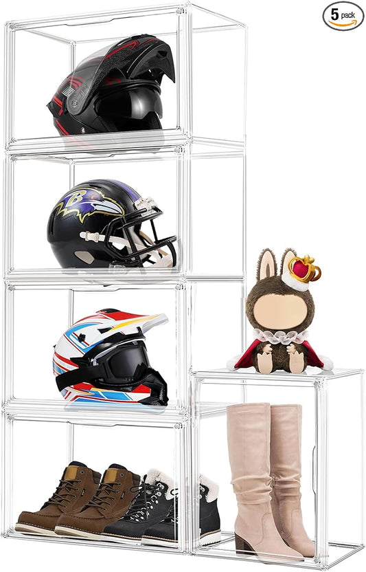 5 Pack XXX-Large Extra Large Acrylic Display Case 17.3'' x 13'' x 13'', Transparent Sneaker Boxes Clear Plastic Stackable Boot & Shoe Boxes Large Showcase for Helmet, Handbag, Figures Collectibles