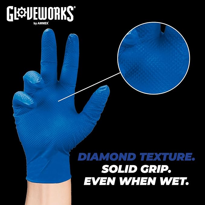 GLOVEWORKS HD Royal Blue Nitrile Industrial Disposable Gloves, 6 Mil, Latex-Free, Raised Diamond Texture, Large, Box of 100