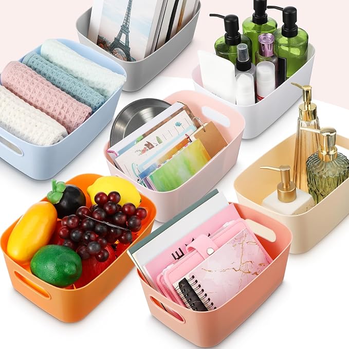 Leinuosen 21 Pack Plastic Storage Baskets Plastic Storage Bins Pantry Organizer Bins for Kitchen Freezer Cabinet Closet Bathroom Under Sink Laundry Room Bedrooms Countertops Shelve(Cute Colors)