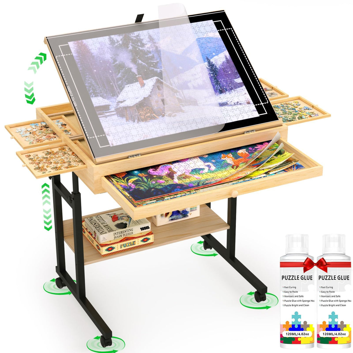 Wooden Puzzle Table with Drawers, 1500 Piece Puzzles - Image 1