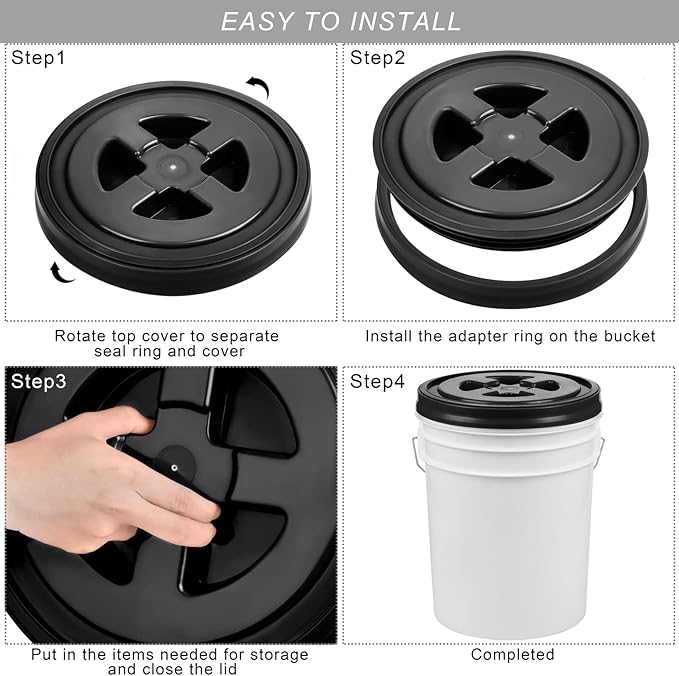 Aodaer 4 Pieces Seal Lid 5 Gallon Bucket Twist Lid Food Storage Container Lid Reusable Plastic Seal Lid Food Storage Container Lids (Black, White)
