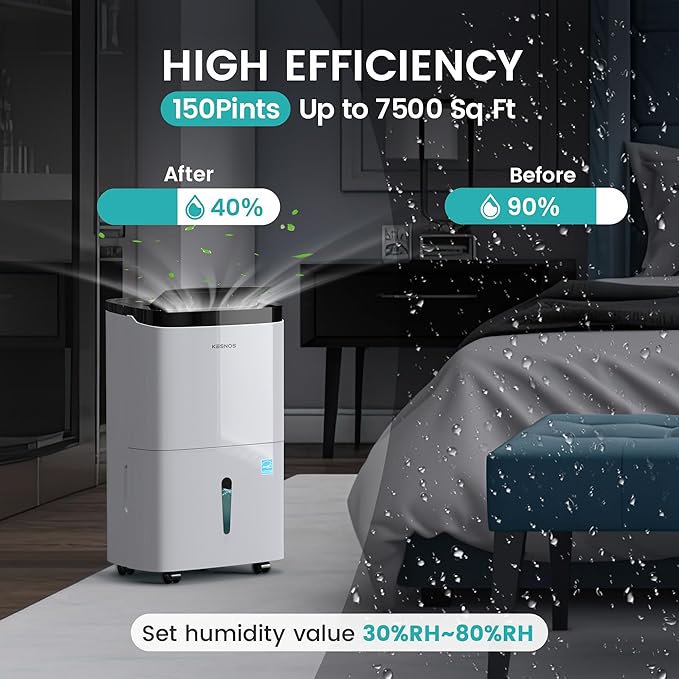Kesnos 150 Pints Energy Star Dehumidifier with Pump for Space Up to 7500 Sq. Ft - Dehumidifier for Basement with Drain Hose, 1.85 Gal Water Tank, Handle, Self-Drying, Idear for Home, Office