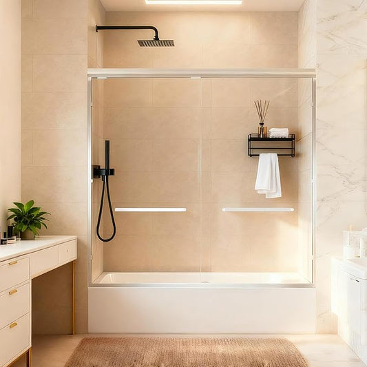 Tub Shower Door, 56-60" W x 57" H Semi-Frameless Bypass Double Sliding Bathtub Door with 1/4 inch Clear Tempered Glass for Walk in Shower, Chrome
