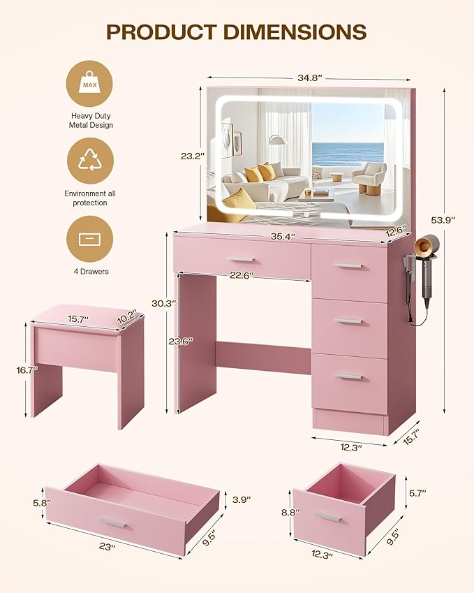 Makeup Vanity Desk Set, Pink, 35.4“W x 15.7" D x 53.9" H (Large Smart LED Mirror, with Cushion Stool, Hairdryer Rack, Power-Outlet, 4 Drawers)