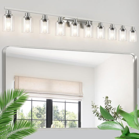 Brushed Nickel Bathroom Vanity Light,10-Light Vanity Lights with Clear Glass,64.5in Modern Bathroom Wall Lights Fixtures Over Mirror,Wall Sconces Lighting for Bedroom Living Room,E26
