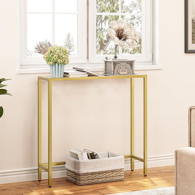 HOOBRO 29.5" Narrow Console Table, Tempered Glass Sofa Table, Small Side Table, Modern Entryway Table, for Entrance, Living Room, Foyer, Hallway Bedroom, Gold GD07XG01