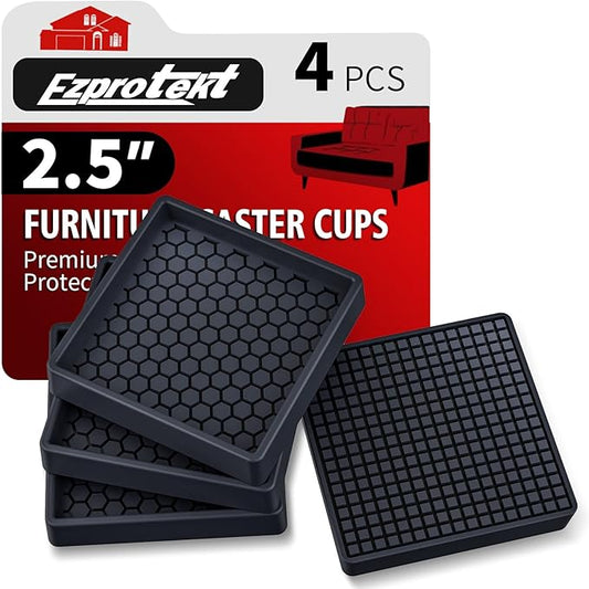 Ezprotekt Non Slip Furniture Pads, 4 Pcs 2.5" Rubber Caster Cups, Anti Skid Furniture Coasters for Hardwood Floors, No Slide Furniture Gripper, Floor Protector for Bed Couch Furniture Stoppers (Black)