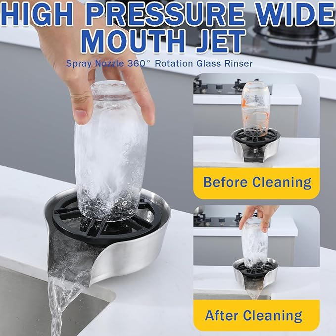 Glass Rinser and Cup Washer for Sink, 360° Rotating Spray Nozzle with Pull-Out Design, Bottle Cleaner - Tilted Base Prevents Splashing, Kitchen Sink Accessories for Home & Bar (Easy Install-Black)