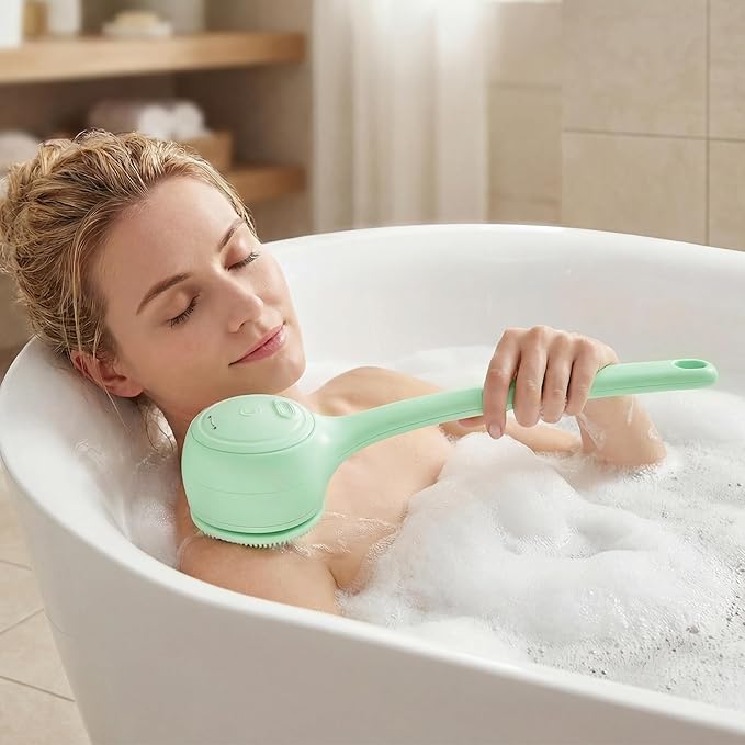 Electric Body Brush Back Scrubber for Shower，5 Replaceable Heads and Hook,Waterproof Long Dual Handle Power Body Scrubber 2 Speeds, for Cleansing Body, Exfoliating and Massaging Skin.