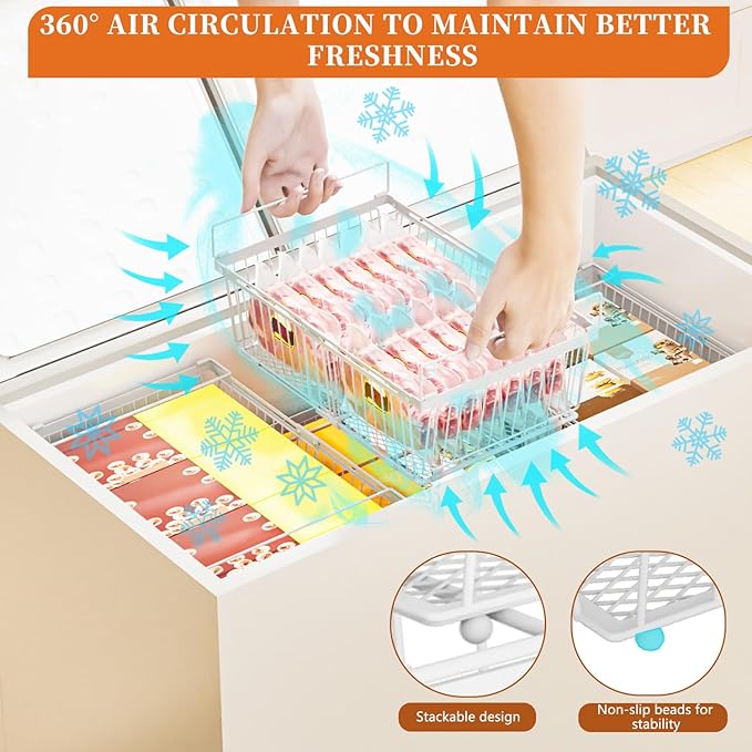 Large Freezer Organizer Bins，Upgraded Bottom Leak-Proof net，4 Pack， Expandable Stackable Chest Freezer Containers with Handle，for Fridge, Deep Freezer, Cabinet, Kitchen, Pantry (White-4Pack)
