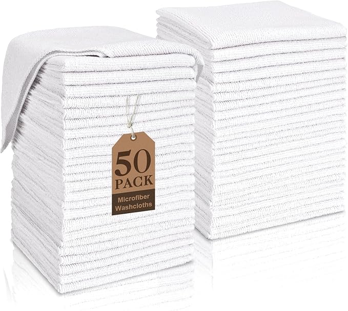 White Washcloths Bulk 50 Pack, Highly Absorbent & Quick Drying Face Towels, Premium Quality Soft Bath Towels, Multipurpose Microfiber Wash Cloths, 12x12 inches