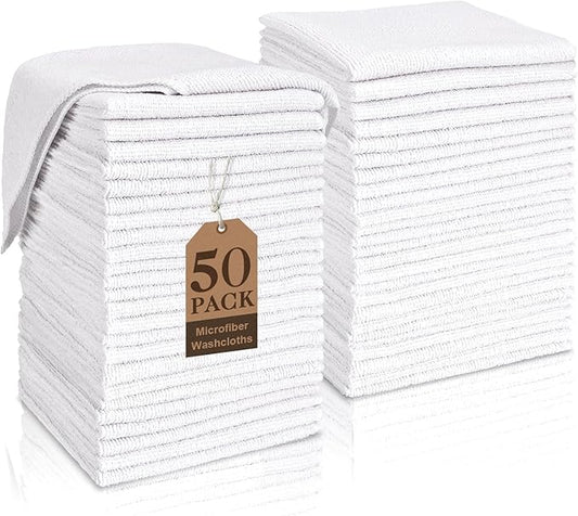 White Washcloths Bulk 50 Pack, Highly Absorbent & Quick Drying Face Towels, Premium Quality Soft Bath Towels, Multipurpose Microfiber Wash Cloths, 12x12 inches