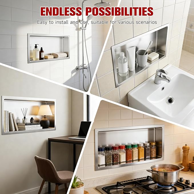 No Tile Needed Shower Niche 12"X 24", Bathroom Wall Niche Single Shelf, Stainless Steel Shower Niche for Bathroom, Kitchens, Balconies