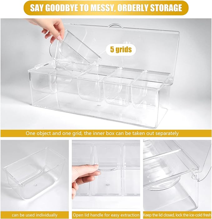 Condiment Tray with Stainless Steel 5 Spoons, 5 Forks and 1 Clip, Chilled Condiment Server, Condiment Server, Bar Garnish Holder on Ice, Bar Accessories Fruit and Salad with Removable Trays and Lid
