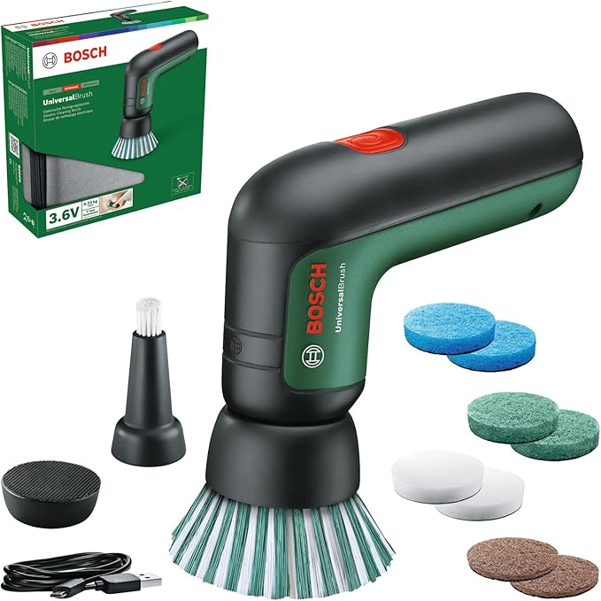 Bosch Electric Cleaning Brush UniversalBrush (3.6 Ah Integrated Battery, 1 Micro USB Charger and 4 Cleaning attachments Included, in Carton Packaging)