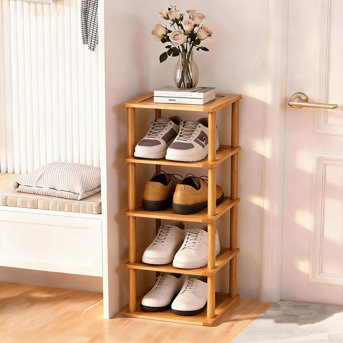 Aniston 5 Tier Small Shoe Rack Bamboo, Free Standing Slim - Image 1