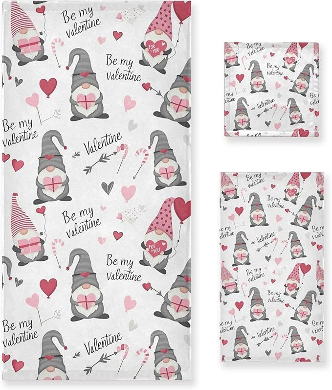 Pfrewn Cute Gnomes Hearts Pink Towels Set of 3 Romantic Romantic Love Spring White Bathroom Towel Soft Absorbent Bath Hand Towels Washcloth Guest Towel Sets Mother Valentine Decorations