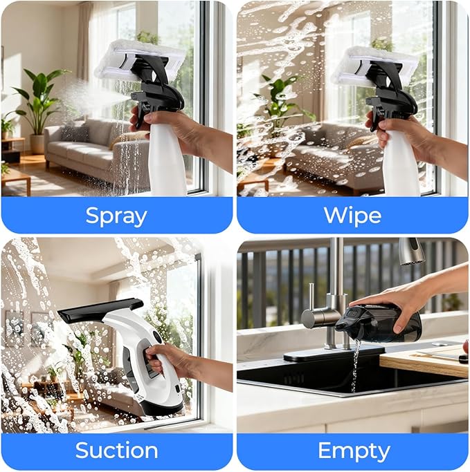 Window Vacuum Squeegee Cordless, 2000Pa Electric Window Cleaner Tool 11" Window Cleaning Kit Shower Squeegee for Shower Doors, Mirrors, Car Windshields & Tiles