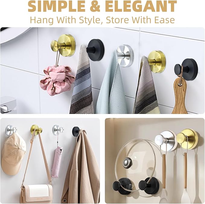 Suction Cup Hooks for Shower Heavy Duty Wreath Hangers for Front Door Waterproof Shower Hooks for Inside, No Drill Adhesive Towel Hooks for Bathroom, Kitchen, Glass Doors, Windows (4, Matte Black)