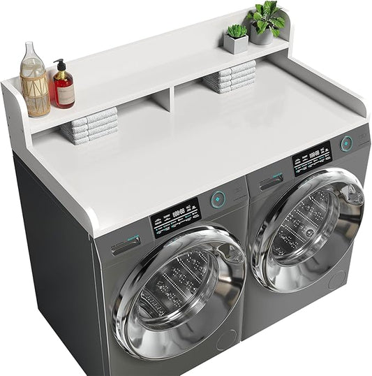2-Tier Washer Dryer Countertop with 2.75"H Edge Rails, 54" W x 27.55" D Laundry Countertop for Folding Clothes, Washer and Dryer Topper with Non-Slip Pad (White)