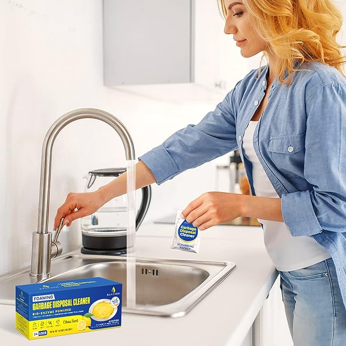 Garbage Disposal Cleaner & Deodorizer Bundle. 1 X 50 Count Pack of Bastion Disposer Balls + 1 X 24-Count Box of Enzyme Enhanced Deep-Cleaning Foaming Disposal Scrubbing Packets.