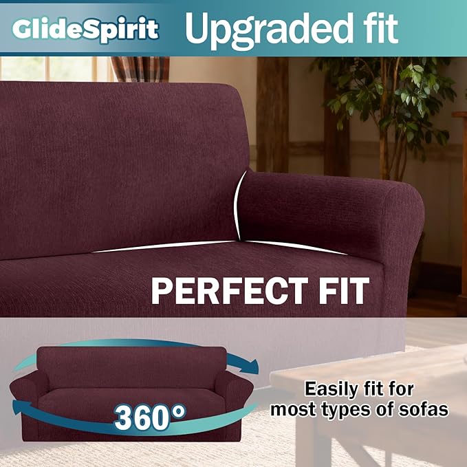 Waterproof Stretch Spandex Chair Sofa Slipcover - Non-Slip Soft Couch Cover with Elastic Bottom, Washable Leakproof Furniture Protector for Kids, Pets, Dogs & Cats (Chair, Burgundy)