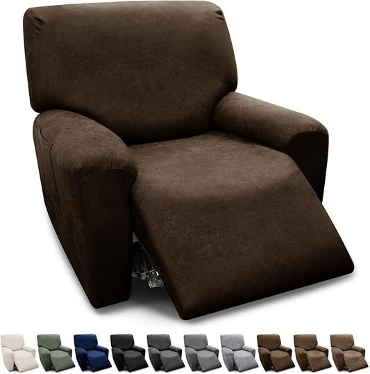 Chair Covers 4-Pieces Recliner Chair Covers 1 Seater Cover for Recliner Chair Leather Look Recliner Slipcovers with Pockets Spandex Fabric Furniture Covers(XL Recliner, Coffee)