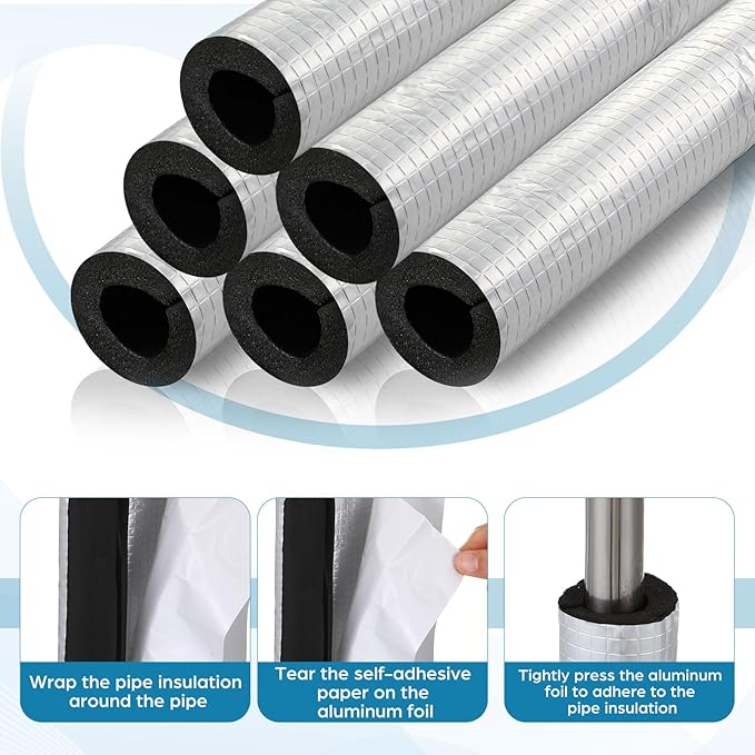 Tondiamo 8 Pcs 3 ft Pipe Insulation Foam Tube Self Adhesive Insulation Foam Wrap with Aluminum Foil Tape Water Tubing Cover for Outdoor Winter Irrigation, Spigot, Sprinkler Protection(3/4 Inch)