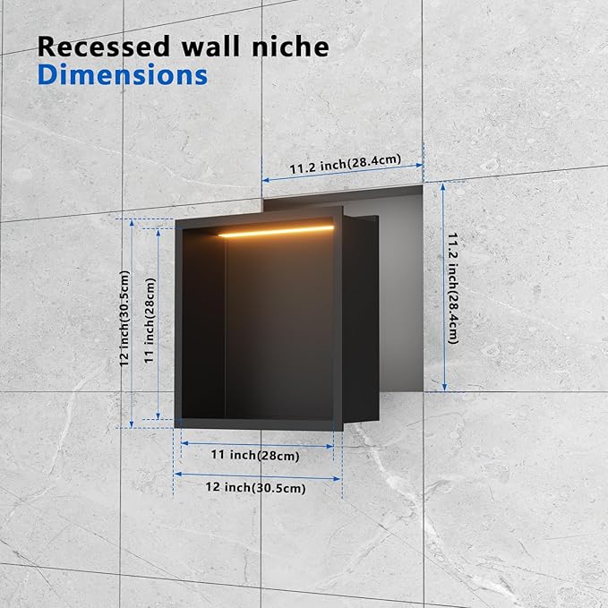 QAOYEDE 12"x12" Stainless Steel LED Shower Niche, Matte Black No Tile Needed Recessed Shelf, Over Mount Bathroom Wall Storage for Soap & Accessories