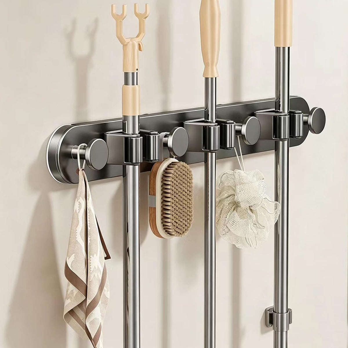 Wall Mount Mop and Broom Holder,3 Grippers 4 Hooks,Grey,No-Drill - Image 1
