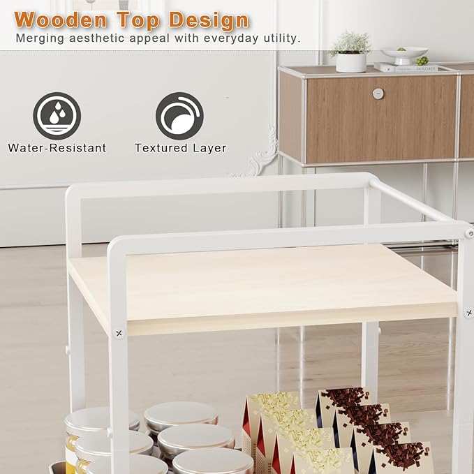6 Tier Storage Cart with Pull-Out Baskets Rolling Storage Cart with Wheels Wood Top Organizer Rolling Utility Cart for Pantry Laundry Room Bathroom Kitchen White 14.5”D x 13”W x 64.1”H