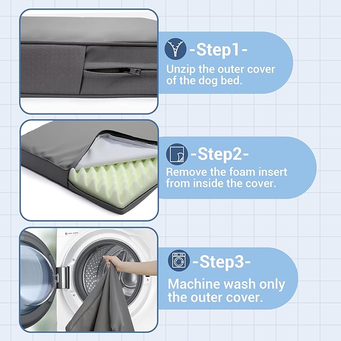 Vonabem Waterproof Dog Bed Medium Pet Crate Pad Washable with Removable Cover Reversible, Foam Dogs Beds Orthopedic, Outdoor Durable Leather Anti-Slip 30 inch Kennel Pads 29"x18" Grey