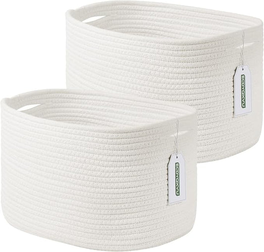 Cotton Rope Storage Basket, 15x10x9 Inches, Woven Basket for Shelves, Clothes, Towels, Books, and Laundry, White (2 Pack)