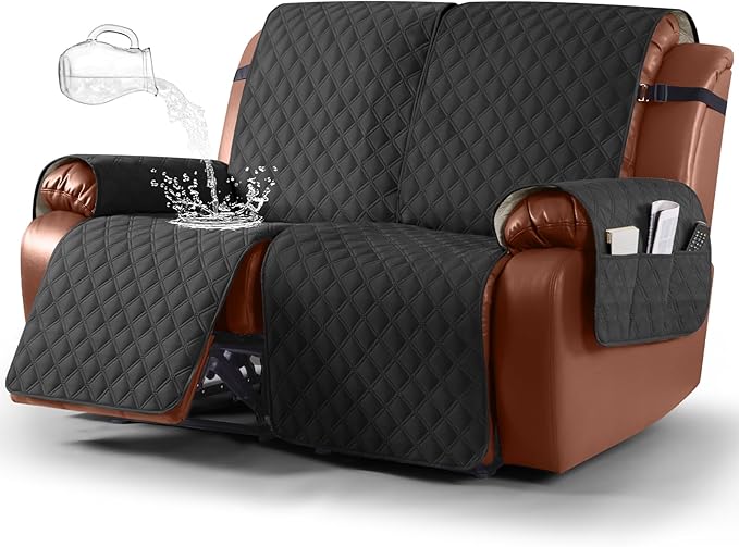 Ruaozz Waterproof Recliner Sofa Covers, 1-Piece Couch Covers for Reclining Couches Reclining Couch Cover Washable Furniture Protector with Elastic Straps Pocket for Kids Pets (Black, XL 2 Seater)