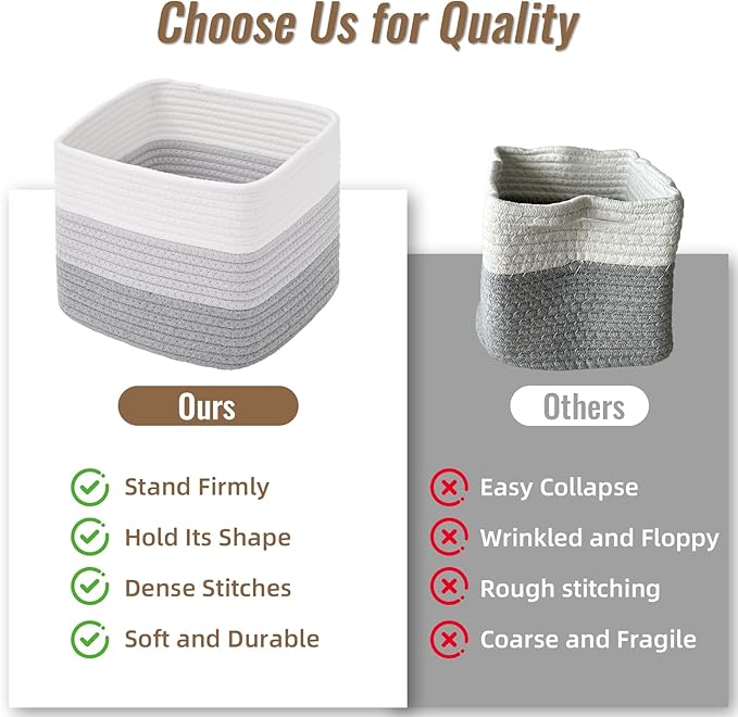3 Pack Cube Storage Bin, 9”x9”x7” Cotton Rope Woven Baskets for Organizing Toys Clothes Towels, Square Gift Storage Baskets for Shelves, Nursery, Closet, Bathroom, Pantry (3-Tone Gray)