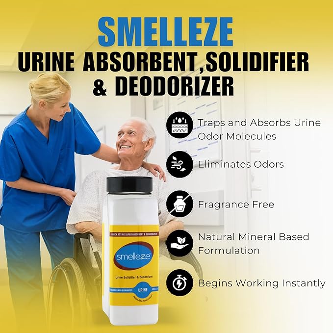 SMELLEZE Urine Absorbent Powder & Poo Gel | Odor Eliminator for Strong Odor | Solidifier & Deodorizer for Portable Toilets, Urinals, Pet Potty, Bedside Commodes| Absorbs Liquids in Minutes | 2 lb.