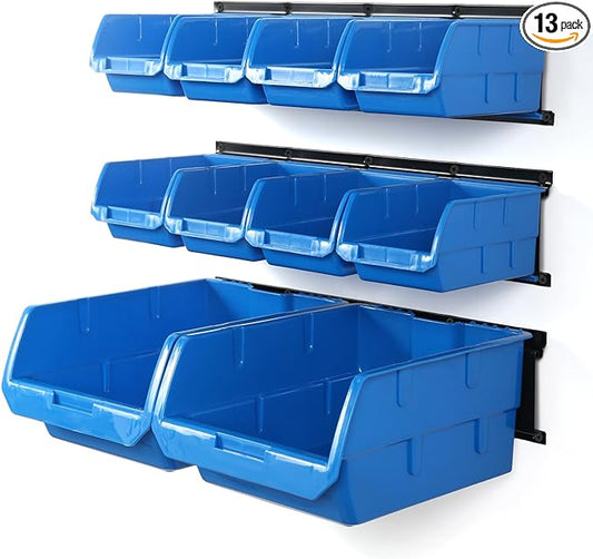 Wallmaster Wall Mounted Storage Bins, Wall Storage Bins Parts Rack 10 Bins&3 Rails Wall Mount Tool Organizer Hardware Storage Organizer (Blue)