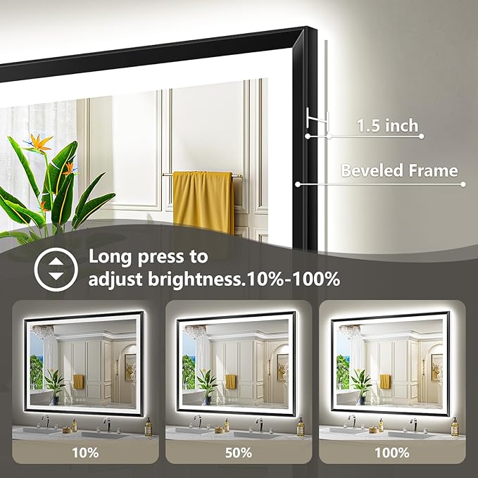 44x36 Black Framed LED Bathroom Mirror with Lights, Backlit and Front Light, Lighted Bathroom Vanity Mirror for Wall Dimmable Anti-Fog Memory Tempered Glass Horizontal/Vertical