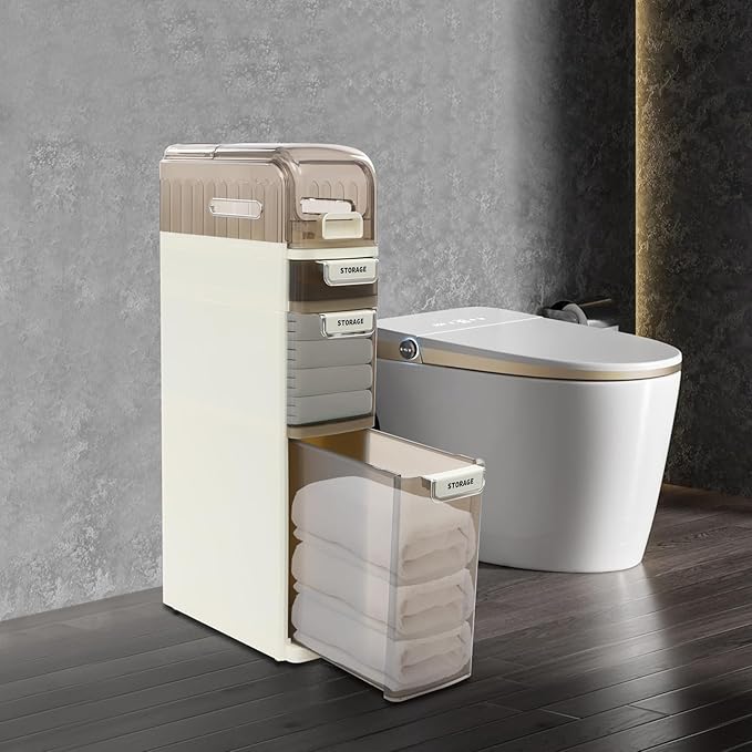 Bathroom Floor Storage Cabinet, Narrow Slim Organizer Multi-Tiers Toilet Paper Cabinet Waterproof W/Clear Drawers,for Tiny Kitchen Laundry Living Room Toilet Gap (4 Tiers)