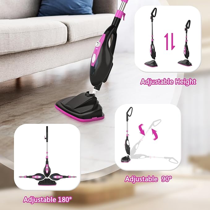 Steam Mop for Floor Cleaning, Handheld Electric Mop Steamer for Home, Hardwood Floor Steamer for Kitchen, Living Room Wood Floor Tile Carpet Clothes Cleaning, Black and Pink