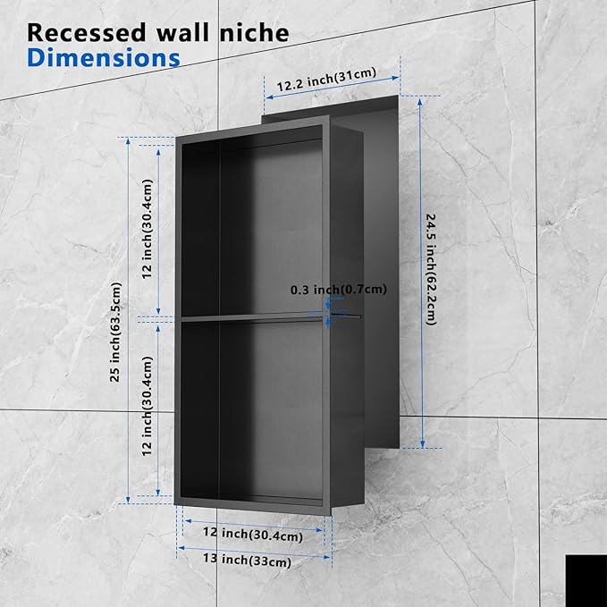 QAOYEDE Shower Niche Insert 24"x12", Stainless Steel 2 Layer Niche for Shower Wall No Tile Needed, Recessed Showers Shelf for Bathroom Storage, Dark Grey Black
