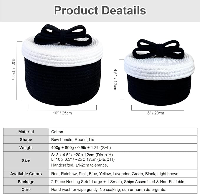 Small Decorative Baskets with Lids, Woven Rope Storage Basket with Lid for Home Decor; Small Boho Storage Basket, Bin and Box for Living Room, Bathroom, Bedroom or Shelf (black)